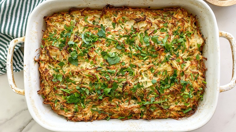 potato kugel in baking dish