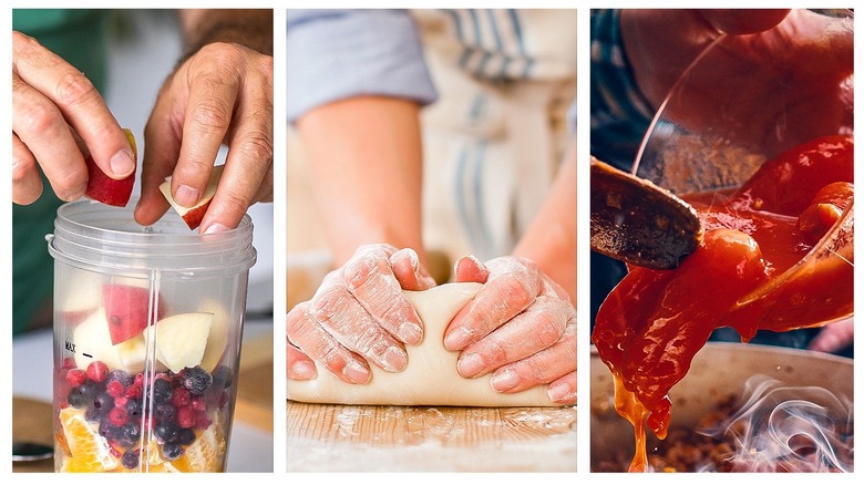 Making smoothie, bread, tomato sauce