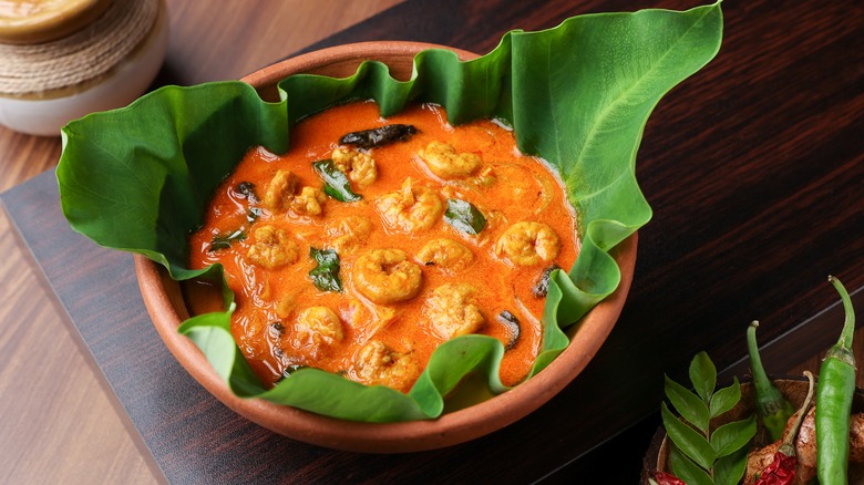 Prawn curry on banana leaf