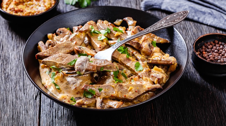 A bowl of beef stroganoff