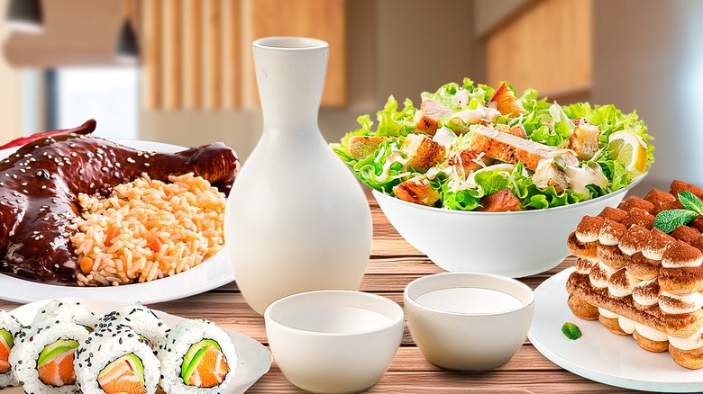 Sake bottle and food