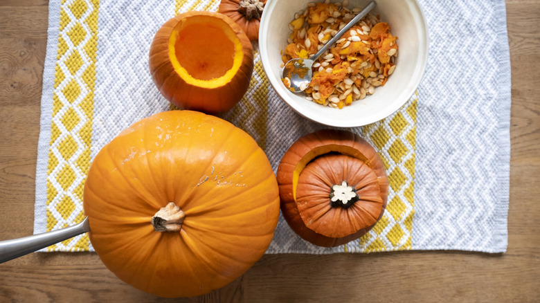 Two pumpkins against black background