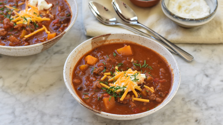 turkey butternut chili in ceramic bowls