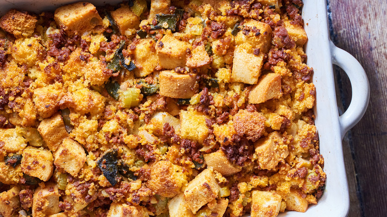 Close-up of a dish of chorizo cornbread stuffing