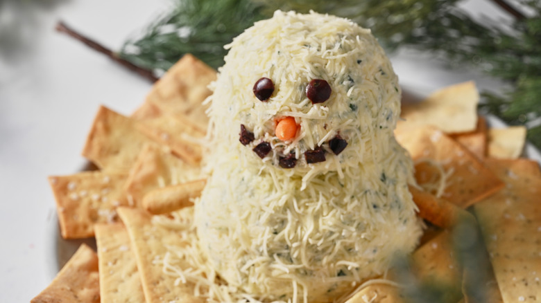 snowman cheeseball on table