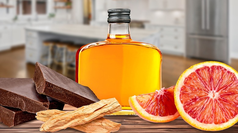 Bourbon bottle, grapefruit, wood, chocolate