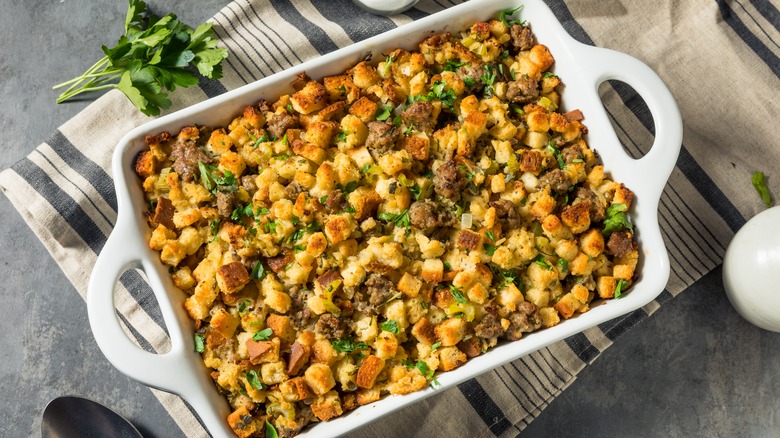 Thanksgiving stuffing in pan 