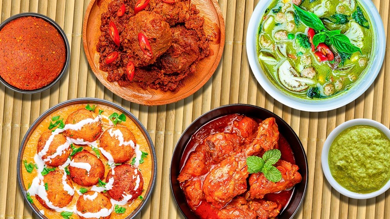 Curries on a bamboo mat