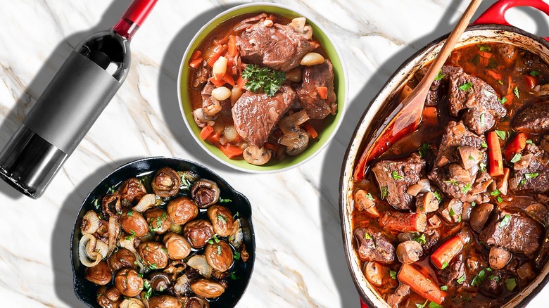 Wine and boeuf bourguignon on marble 