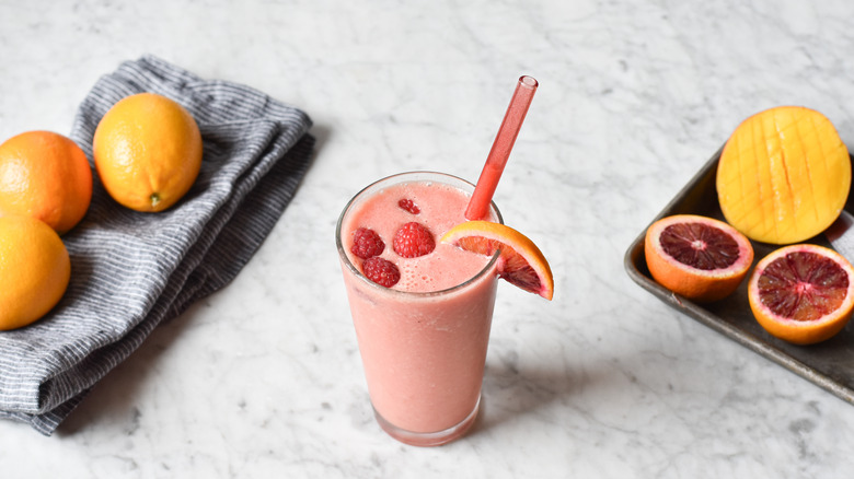 blood orange smoothie in tall glass