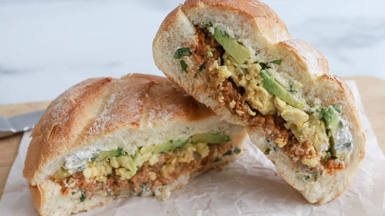 breakfast torta with chorizo and eggs