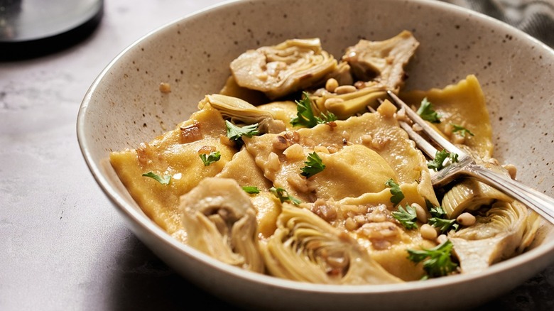 artichoke ravioli in bowl