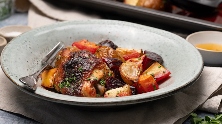 roasted honey lemon chicken and vegetables on plate