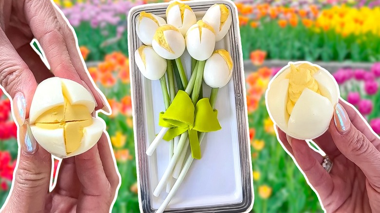 tulip deviled eggs on tray