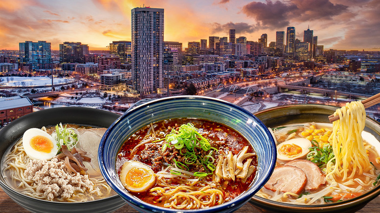 Denver skyline with ramen bowls