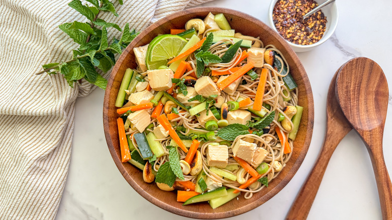 tofu noodle salad in bowl