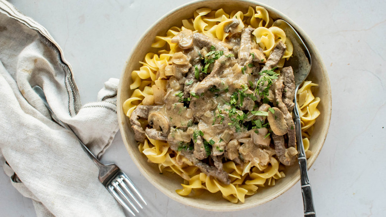 Plated beef stroganoff 