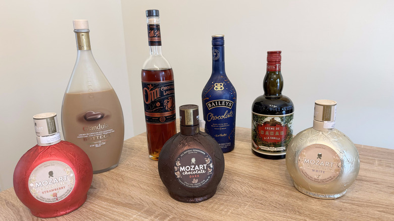 Seven bottles of chocolate liqueur