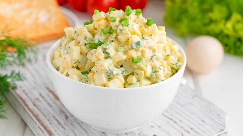 egg salad in white bowl