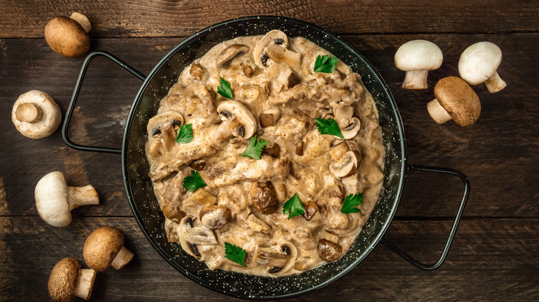 Beef stroganoff in frying pan