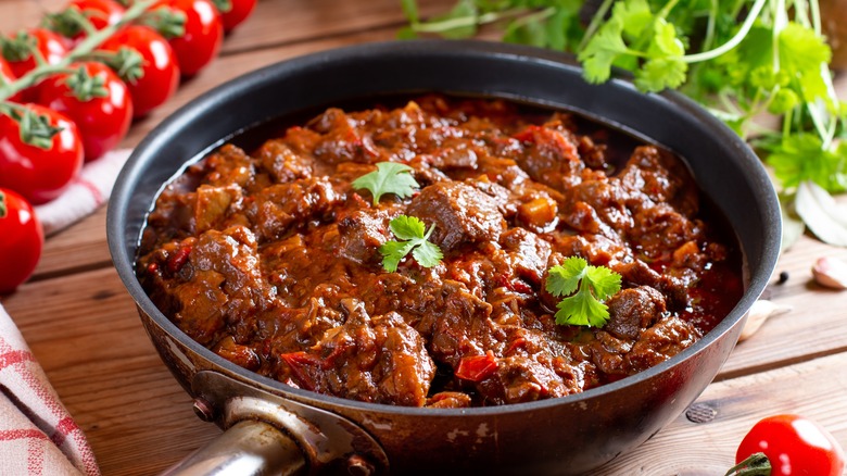 beef goulash served in pan