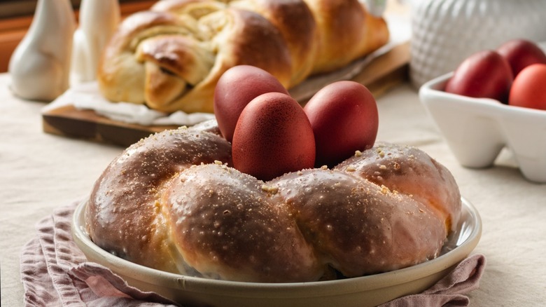 Tsoureki topped with red eggs