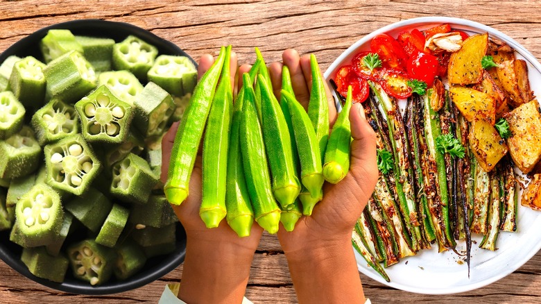 fresh, sliced, and cooked okra