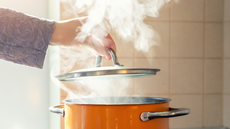 Hand taking lid off pot