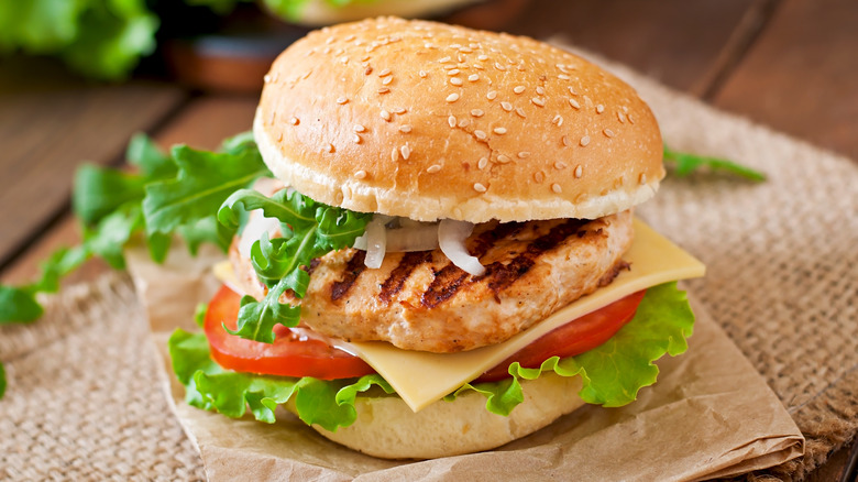 Grilled chicken burger on bun 