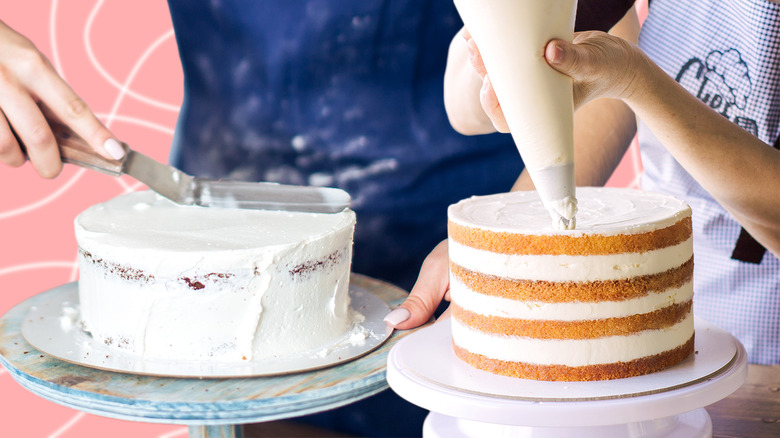 people decorating two layered cakes