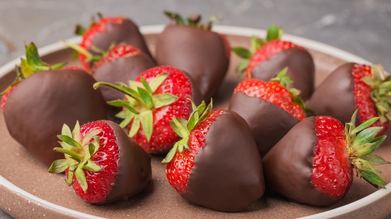 Close-up of chocolate-covered strawberries on a plate