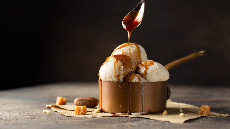 Whiskey sauce over ice cream 