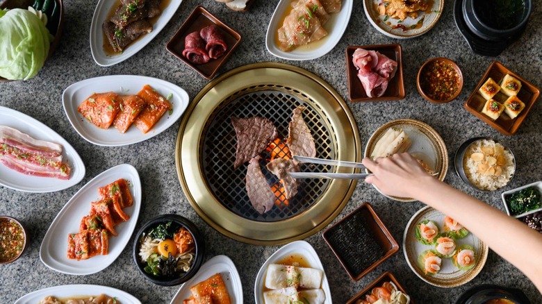 Top-down view of various Korean BBQ plates