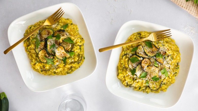 Top-down view of saffron zucchini risotto