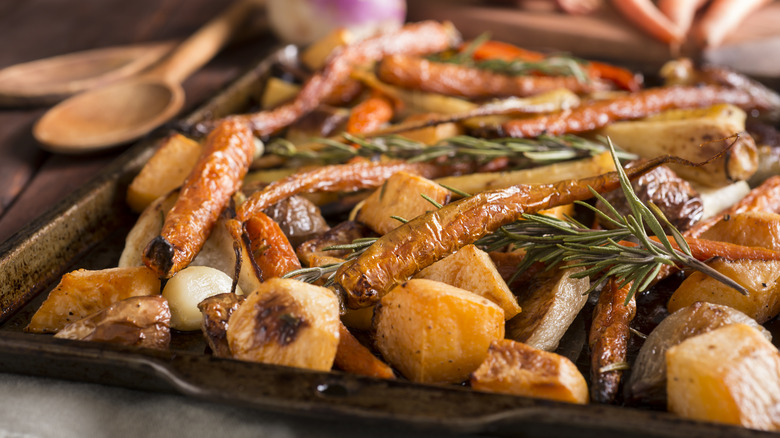 roasted root vegetables on a sheet pan